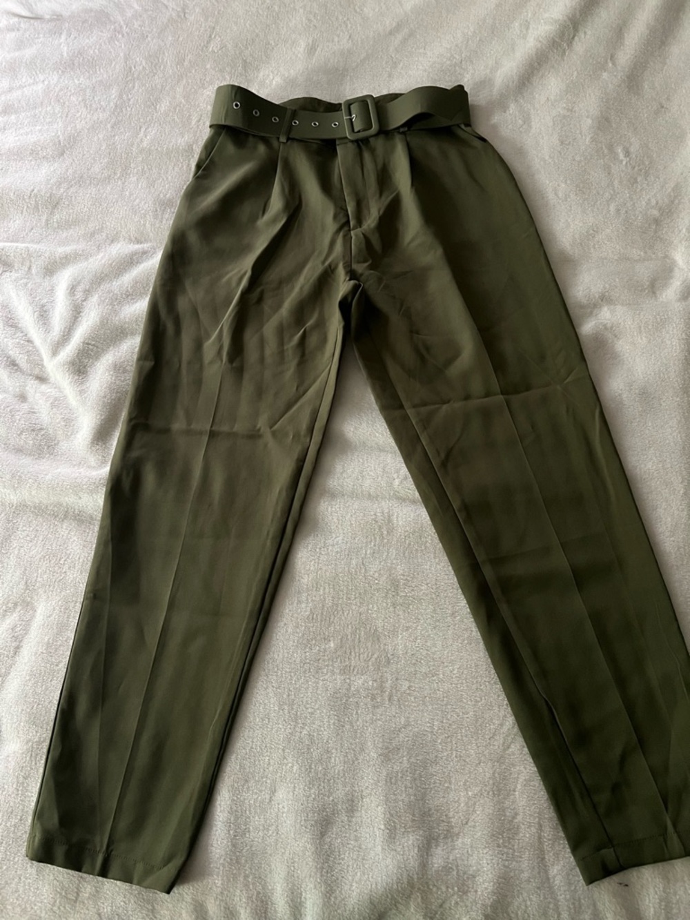 SHEIN Olive Green Pleated Tapered Chinos with Belt